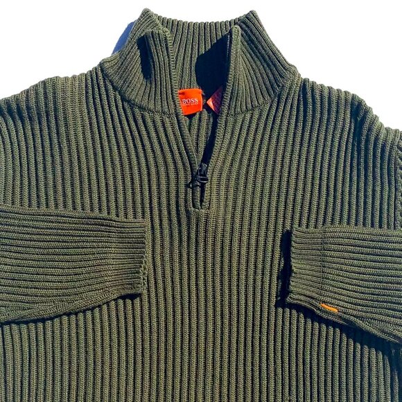 Hugo Boss ¼ Zip Men’s Chunky Knit Ribbed Pullover Sweater, Italy Olive Large - Picture 1 of 11
